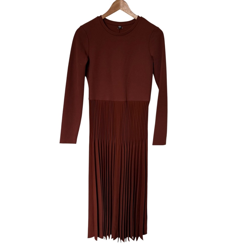 Uniqlo Pleated Long Sleeve Midi Dress Womens XS Brown Excellent 469341